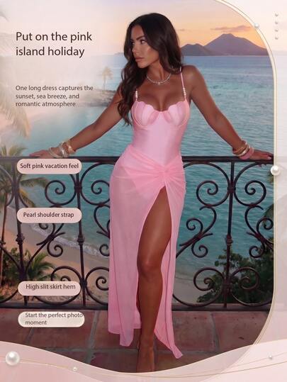 SHEIN Swim Summer New Cross-Border INS Style Wave Ruffle Shell Cup Mermaid Shell Bag Underwire Push-Up Spaghetti Strap High-Cut One-Piece Swimsuit For Women, Neon Pink Pearl Accessories, Slimming Bodycon Design With Twist Ruched Split Skirt, Ocean Vacation Outfit, Sweet Girl Style, Hot Spring Beach Holiday One-Piece Swimsuit With Wrap Skirt