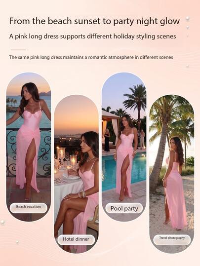 SHEIN Swim Summer New Cross-Border INS Style Wave Ruffle Shell Cup Mermaid Shell Bag Underwire Push-Up Spaghetti Strap High-Cut One-Piece Swimsuit For Women, Neon Pink Pearl Accessories, Slimming Bodycon Design With Twist Ruched Split Skirt, Ocean Vacation Outfit, Sweet Girl Style, Hot Spring Beach Holiday One-Piece Swimsuit With Wrap Skirt