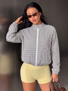 SHEIN Sovereign Charm 女款格紋插肩袖拉鍊休閒運動夾克 - 彩色 - 查看 4