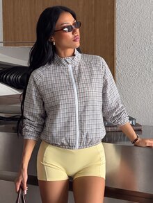 SHEIN Sovereign Charm 女款格紋插肩袖拉鍊休閒運動夾克 - 彩色 - 查看 3