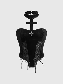 ROMWE Dark Gothic Court Style Halloween Outfit Cross Pendant Contrast Lace Tie Neck Velvet Vest - Black - View 1