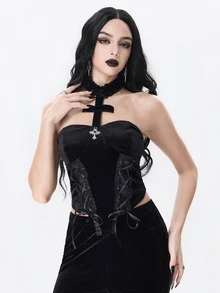ROMWE Dark Gothic Court Style Halloween Outfit Cross Pendant Contrast Lace Tie Neck Velvet Vest - Black - View 7