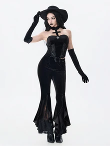 ROMWE Dark Gothic Court Style Halloween Outfit Cross Pendant Contrast Lace Tie Neck Velvet Vest - Black - View 3