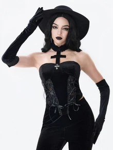 ROMWE Dark Gothic Court Style Halloween Outfit Cross Pendant Contrast Lace Tie Neck Velvet Vest - Black - View 8