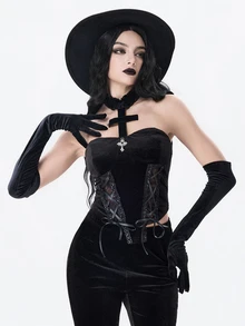 ROMWE Dark Gothic Court Style Halloween Outfit Cross Pendant Contrast Lace Tie Neck Velvet Vest - Black - View 2