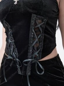ROMWE Dark Gothic Court Style Halloween Outfit Cross Pendant Contrast Lace Tie Neck Velvet Vest - Black - View 4