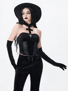 ROMWE Dark Gothic Court Style Halloween Outfit Cross Pendant Contrast Lace Tie Neck Velvet Vest - Black - View 9