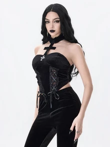 ROMWE Dark Gothic Court Style Halloween Outfit Cross Pendant Contrast Lace Tie Neck Velvet Vest - Black - View 5
