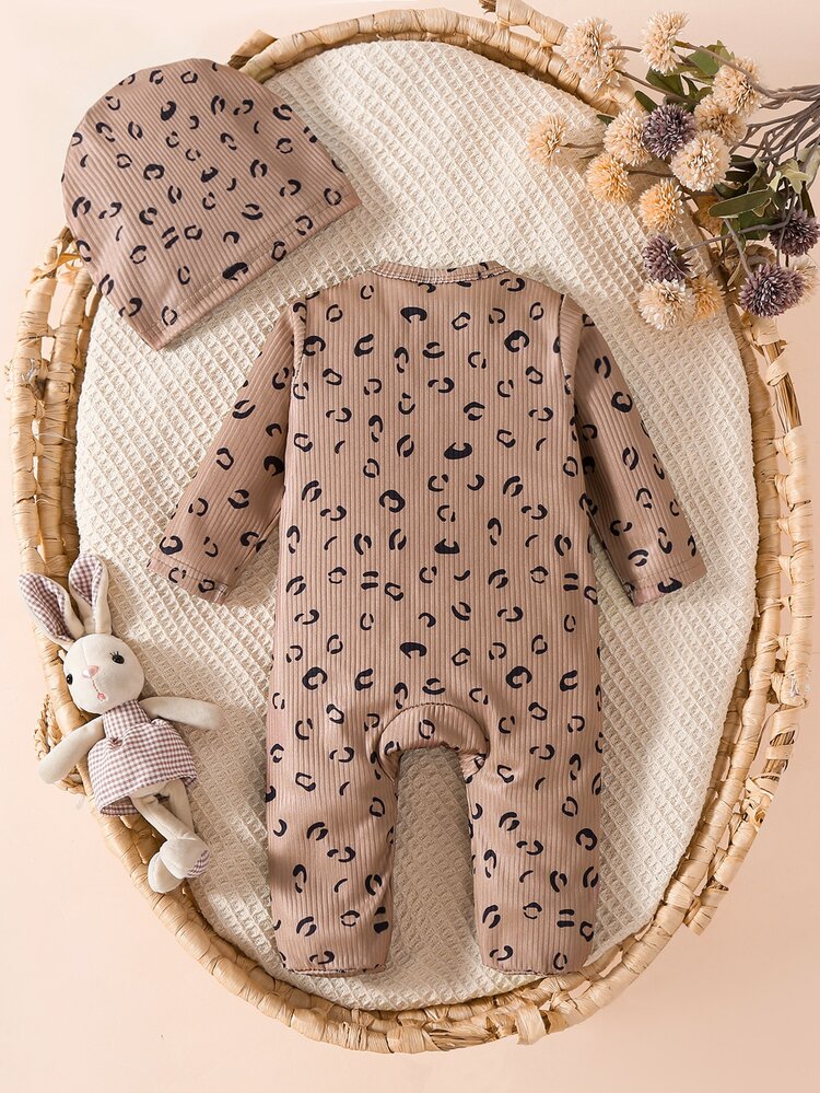 SHEIN Newborn Baby Girl's Pink And Black Leopard Print Footed One-Piece Romper With Bow Cap Cute Autumn Honeycomb Knit Ruffle Dress For Matching Family - Coffee Brown - View 2