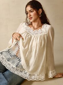 Nubod Blus Ukuran Besar dengan Tekstur Lipit Transparan dan Kain Renda Kontras, Leher Persegi, Lengan Panjang, Lapisan Ganda, 2 in 1, Cocok untuk Acara Santai, Kencan, Pesta, Liburan, dan Perjalanan Sehari-hari. - Aprikot - View 7