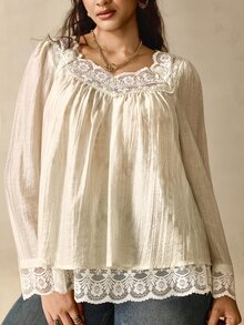 Nubod Blus Ukuran Besar dengan Tekstur Lipit Transparan dan Kain Renda Kontras, Leher Persegi, Lengan Panjang, Lapisan Ganda, 2 in 1, Cocok untuk Acara Santai, Kencan, Pesta, Liburan, dan Perjalanan Sehari-hari. - Aprikot - View 6