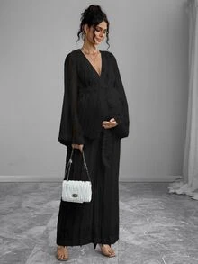 Momance 2pcs/Set Fashionable Feather Print Long Sleeve Top And Wide Leg Pants Spring Wedding Guest Fall - Black - View 5