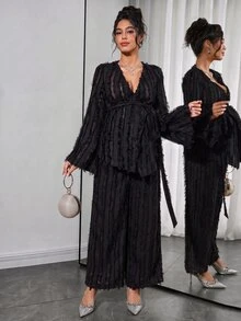 Momance 2pcs/Set Fashionable Feather Print Long Sleeve Top And Wide Leg Pants Spring Wedding Guest Fall - Black - View 2