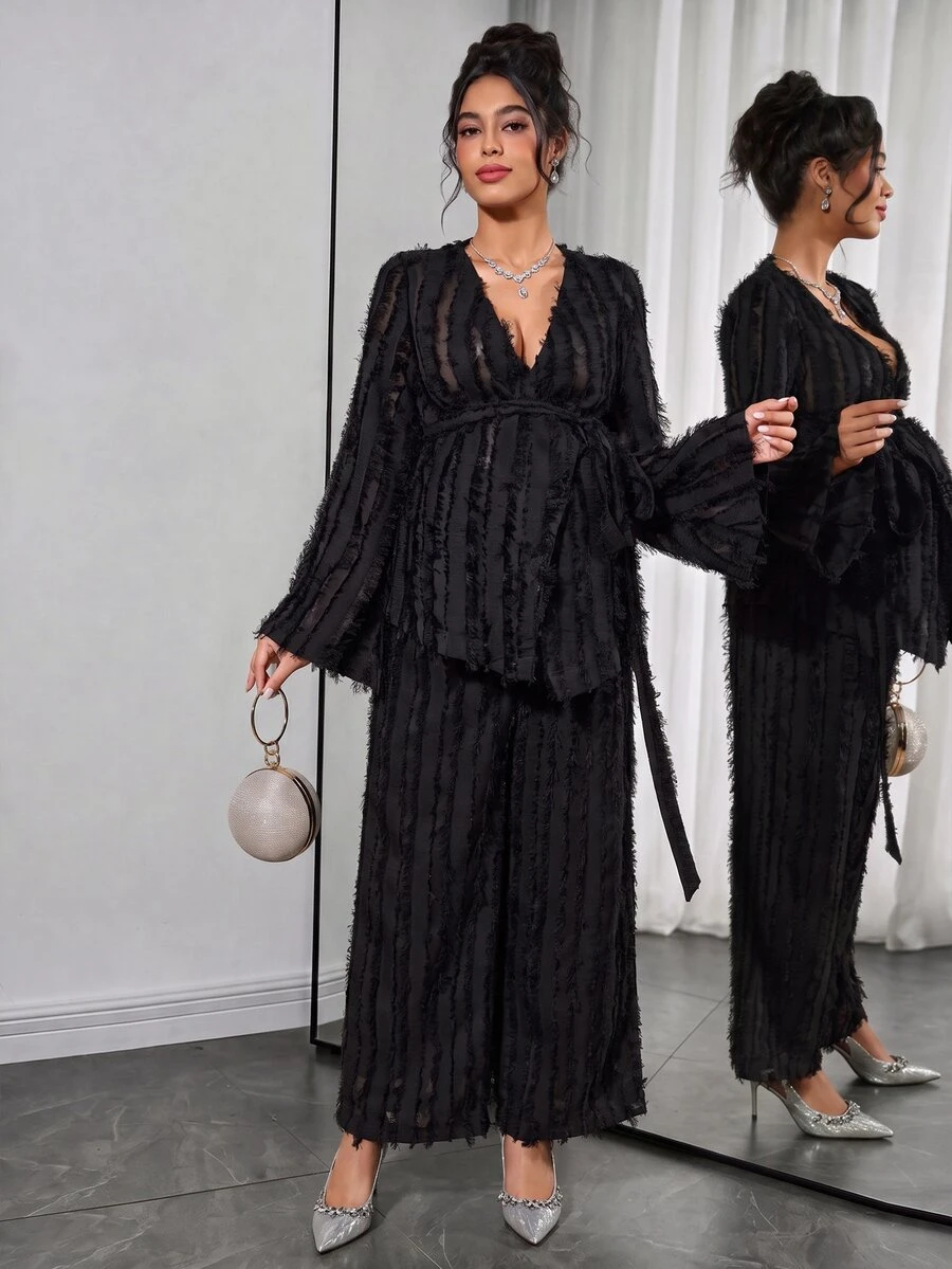 Momance 2pcs/Set Fashionable Feather Print Long Sleeve Top And Wide Leg Pants Spring Wedding Guest Fall