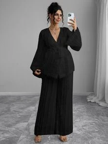 Momance 2pcs/Set Fashionable Feather Print Long Sleeve Top And Wide Leg Pants Spring Wedding Guest Fall - Black - View 6