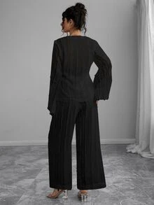 Momance 2pcs/Set Fashionable Feather Print Long Sleeve Top And Wide Leg Pants Spring Wedding Guest Fall - Black - View 4