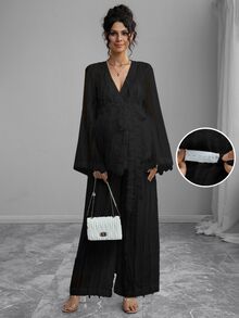 Momance 2pcs/Set Fashionable Feather Print Long Sleeve Top And Wide Leg Pants Spring Wedding Guest Fall - Black - View 3
