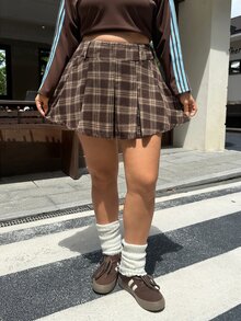 Muchica 大尺碼女款格紋休閒百搭迷你裙 - 棕色 - 查看 6