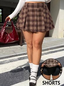 Muchica 大尺碼女款格紋休閒百搭迷你裙 - 棕色 - 查看 1