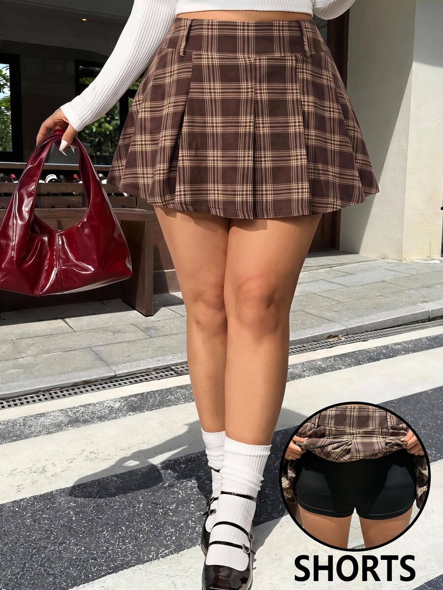 Muchica 大尺碼女款格紋休閒百搭迷你裙 - 棕色 - 查看 1