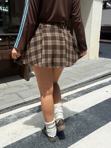 Muchica 大尺碼女款格紋休閒百搭迷你裙 - 棕色 - 查看 2
