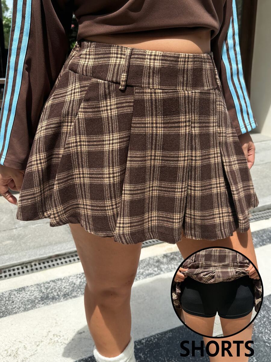 Muchica Plus Size Women's Plaid Casual Versatile Mini Skirt - Brown - View 1