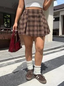 Muchica 大尺碼女款格紋休閒百搭迷你裙 - 棕色 - 查看 4