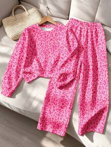 SHEIN Tween Girls Leopard Heart Print Sweatshirt & Wide Leg Pants Set, Pink Casual Cool (1 Set) Fall Winter - Multicolor - View 5