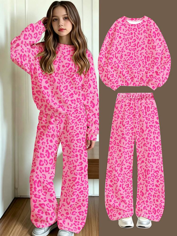 SHEIN Tween Girls Leopard Heart Print Sweatshirt & Wide Leg Pants Set, Pink Casual Cool (1 Set) Fall Winter - Multicolor - View 3