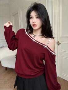 Modelyn 仿珍珠裝飾不對稱領口落肩運動衫 - 酒紅色 - 查看 7