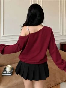 Modelyn 仿珍珠裝飾不對稱領口落肩運動衫 - 酒紅色 - 查看 3