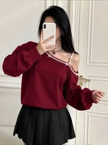 Modelyn 仿珍珠裝飾不對稱領口落肩運動衫 - 酒紅色 - 查看 9