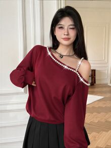 Modelyn 仿珍珠裝飾不對稱領口落肩運動衫 - 酒紅色 - 查看 4