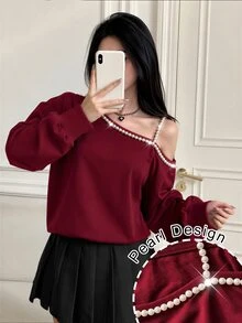 Modelyn 仿珍珠裝飾不對稱領口落肩運動衫 - 酒紅色 - 查看 10