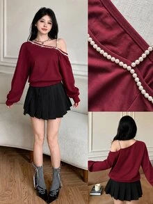 Modelyn 仿珍珠裝飾不對稱領口落肩運動衫 - 酒紅色 - 查看 11