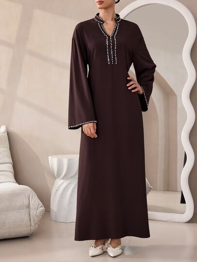 Graceveil Women's Elegant Brown Long Sleeve V-Neck Rhinestone Embellished Dress, Back Tie, Evening Gown/Cocktail Dress, Spring/Autumn Outfit