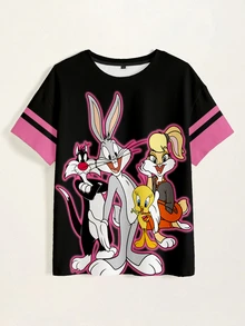 LOONEY TUNES X SHEIN 女款夏季休閒卡通印花T恤 - 白色 - 查看 3