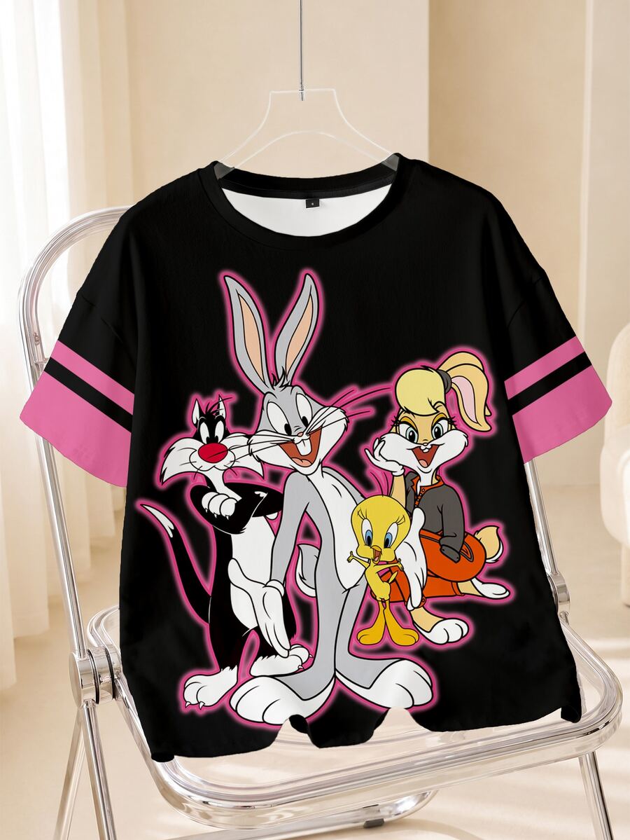 LOONEY TUNES X SHEIN 女款夏季休閒卡通印花T恤 - 白色 - 查看 1