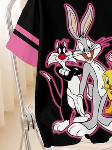 LOONEY TUNES X SHEIN 女款夏季休閒卡通印花T恤 - 白色 - 查看 7