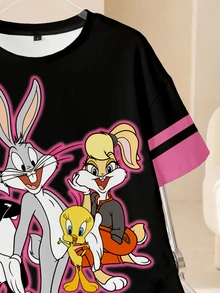 LOONEY TUNES X SHEIN 女款夏季休閒卡通印花T恤 - 白色 - 查看 6