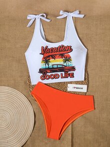 SHEIN Swim 夏季海滩热带风情字母图案系肩比基尼套装、泳衣 - 彩色 - 查看 2