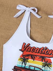 SHEIN Swim 夏季海滩热带风情字母图案系肩比基尼套装、泳衣 - 彩色 - 查看 4