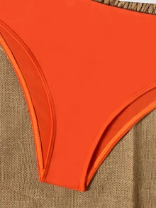 SHEIN Swim 夏季海滩热带风情字母图案系肩比基尼套装、泳衣 - 彩色 - 查看 6
