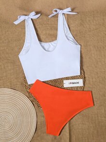 SHEIN Swim 夏季海滩热带风情字母图案系肩比基尼套装、泳衣 - 彩色 - 查看 3