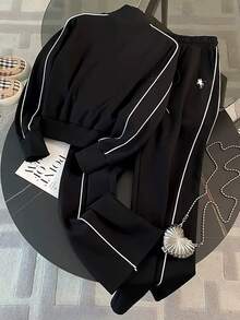 Resyla Women's Casual Streetwear Athleisure Vacation Horse Print Color Block Black And White Striped Collar Zip Up Hoodie Set Gym Travel Winter - Black - View 2