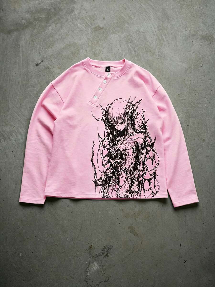 ROMWE MEN Street Life Button Decor Cartoon Character Print Loose Long Sleeve T-Shirt - Pink - View 1