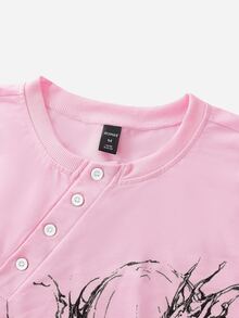 ROMWE MEN Street Life Button Decor Cartoon Character Print Loose Long Sleeve T-Shirt - Pink - View 8