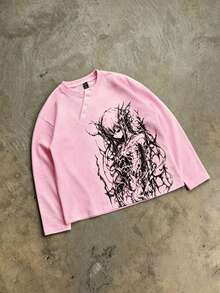 ROMWE MEN Street Life Button Decor Cartoon Character Print Loose Long Sleeve T-Shirt - Pink - View 7