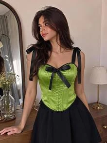 SHEIN MOD Women's Bowknot Decor Contrast Lace Hem Camisole - Green - View 6
