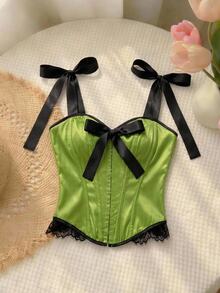 SHEIN MOD Women's Bowknot Decor Contrast Lace Hem Camisole - Green - View 4